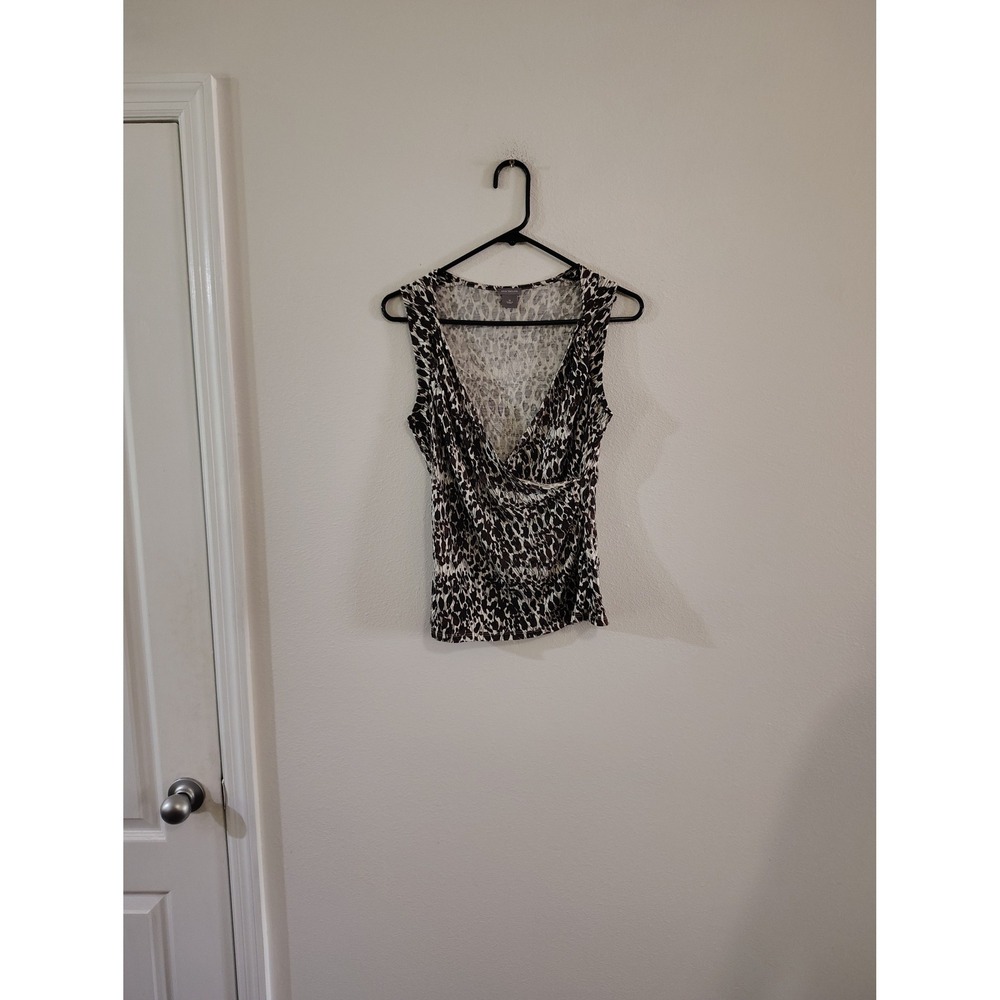 Ann Taylor Womens Leopard Print Surplice Sleeveless Ruching Knit Top Size M